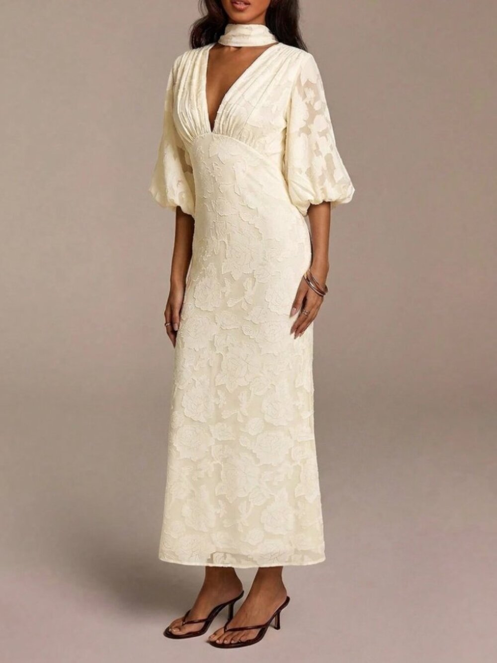 Cream Floral Lace Jacquard Choker-Neck Maxi Dress with Balloon Sleeves